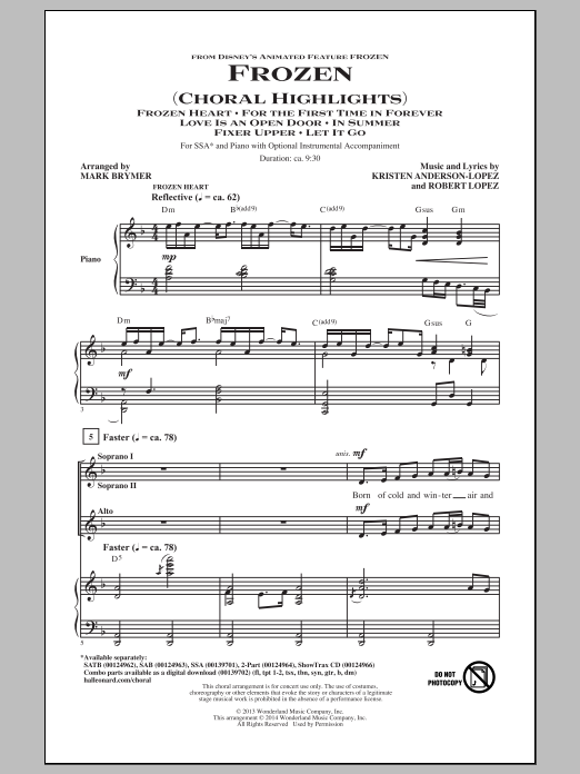 Download Mark Brymer Frozen (Choral Highlights) Sheet Music and learn how to play SSA PDF digital score in minutes