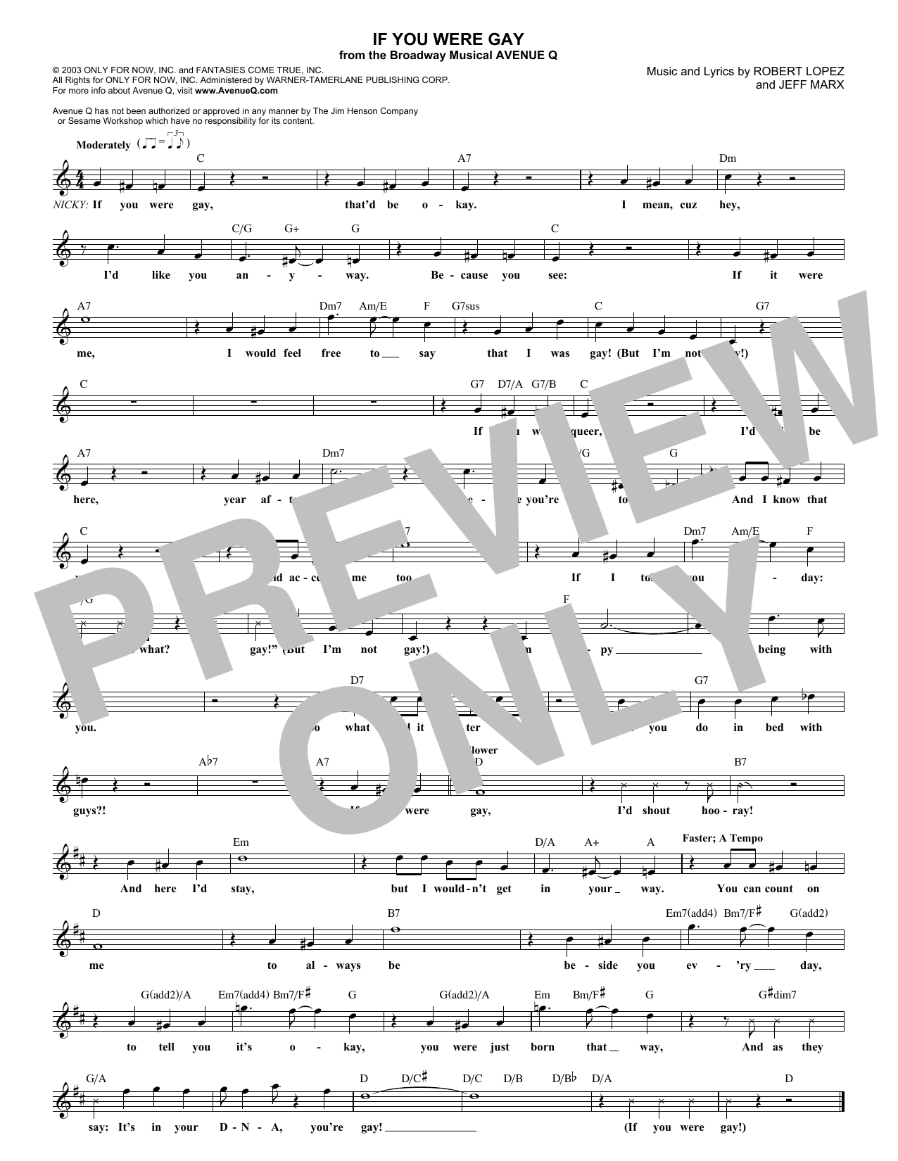 Download Robert Lopez If You Were Gay Sheet Music and learn how to play Melody Line, Lyrics & Chords PDF digital score in minutes