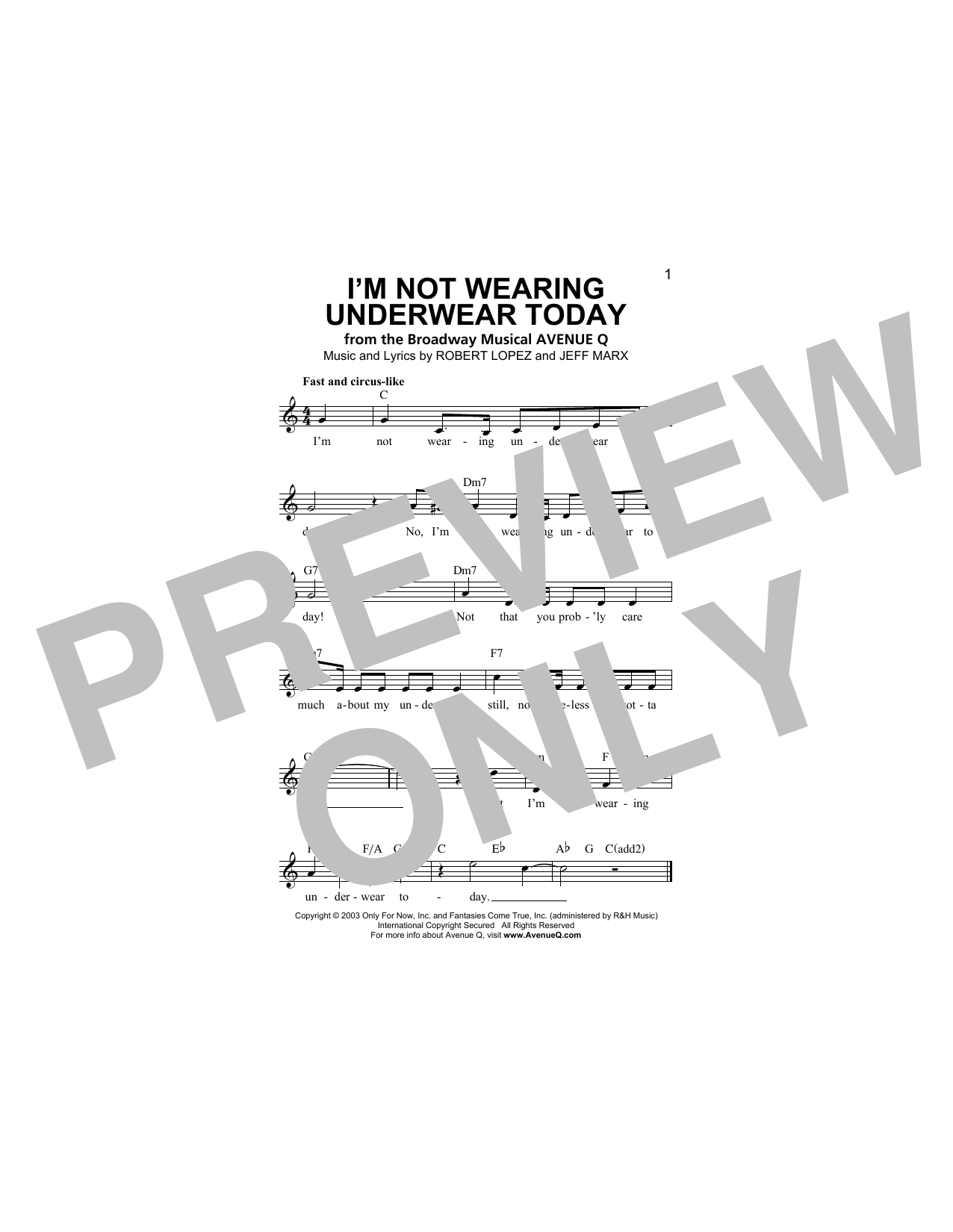 Download Robert Lopez I'm Not Wearing Underwear Today Sheet Music and learn how to play Melody Line, Lyrics & Chords PDF digital score in minutes