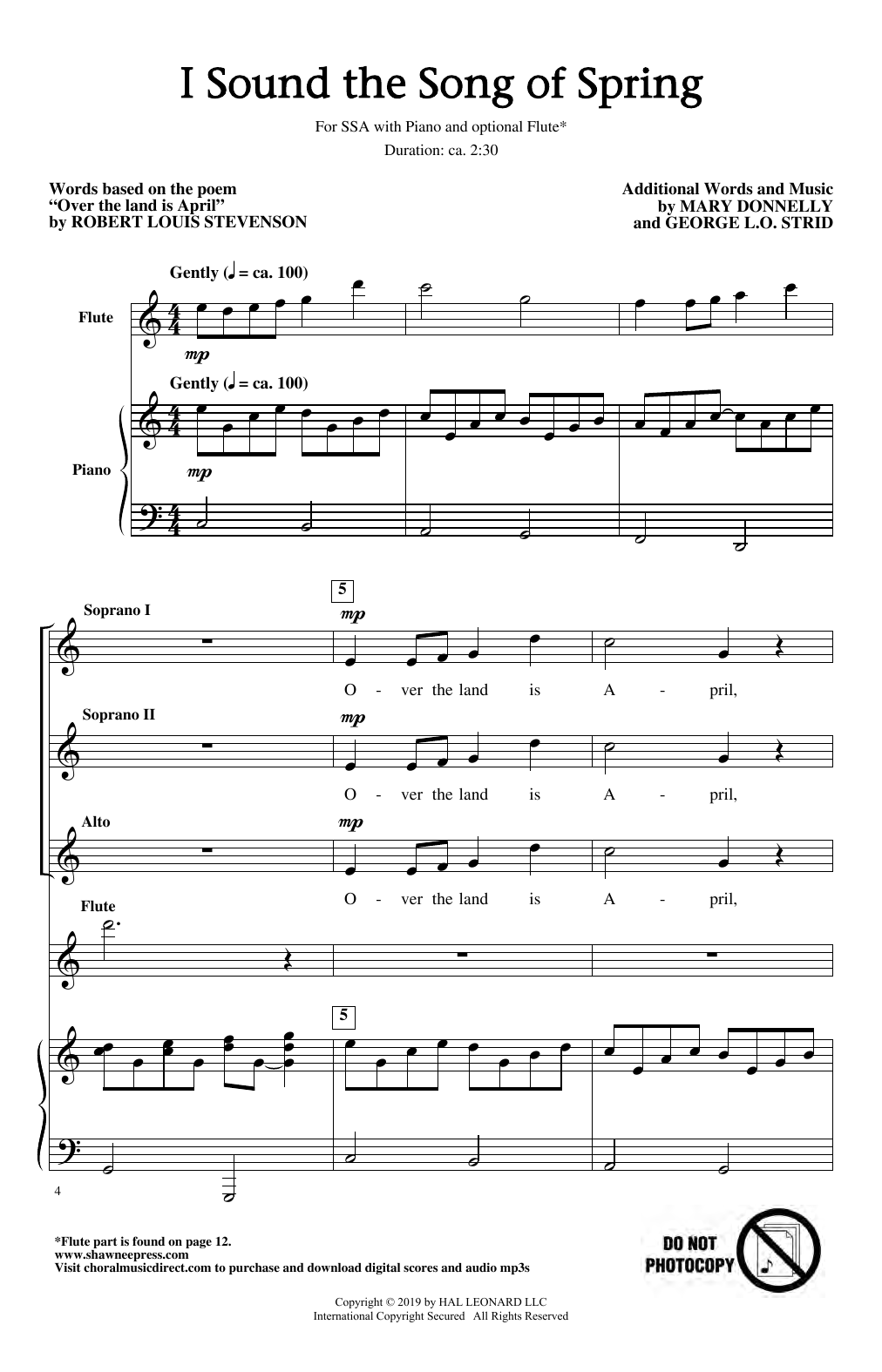 Download Robert Louis Stevenson I Sound The Song Of Spring Sheet Music and learn how to play SSA Choir PDF digital score in minutes