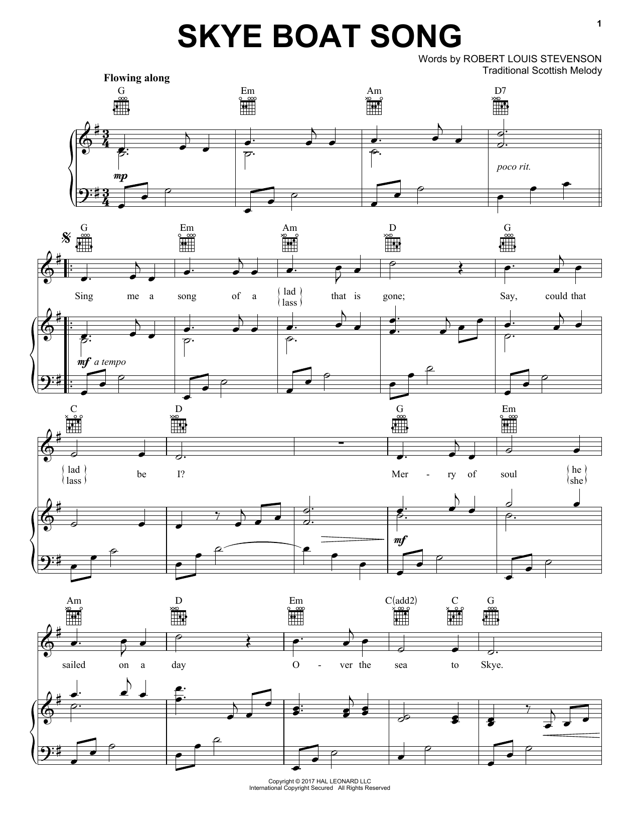 Download Robert Louis Stevenson Skye Boat Song Sheet Music and learn how to play Piano, Vocal & Guitar (Right-Hand Melody) PDF digital score in minutes