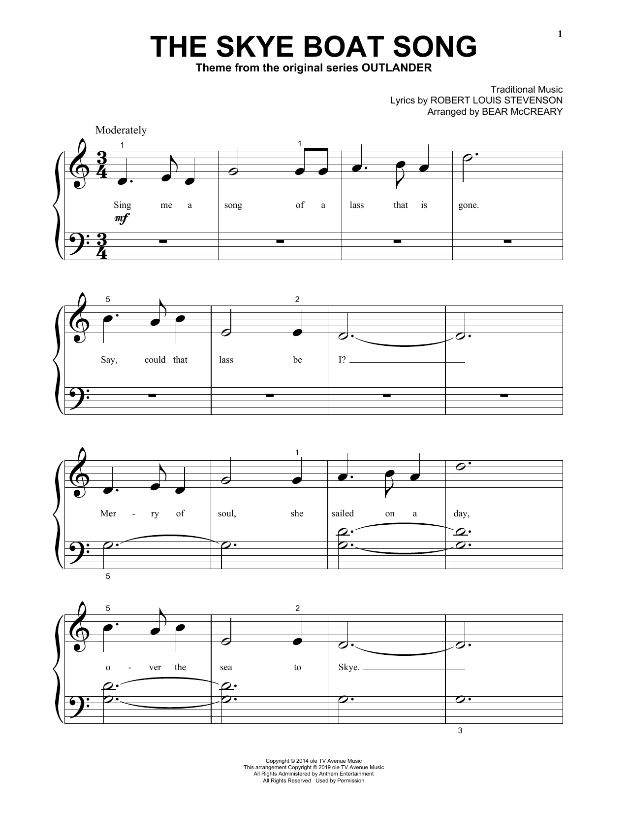 Download Robert Louis Stevenson The Skye Boat Song (from Outlander) (arr. Bear McCreary) Sheet Music and learn how to play Big Note Piano PDF digital score in minutes