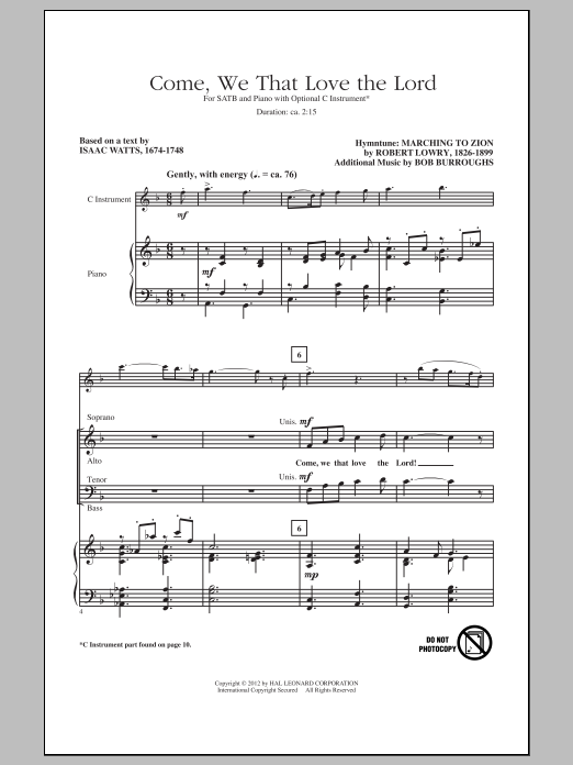 Download Robert Lowry Come, We That Love The Lord Sheet Music and learn how to play SATB PDF digital score in minutes