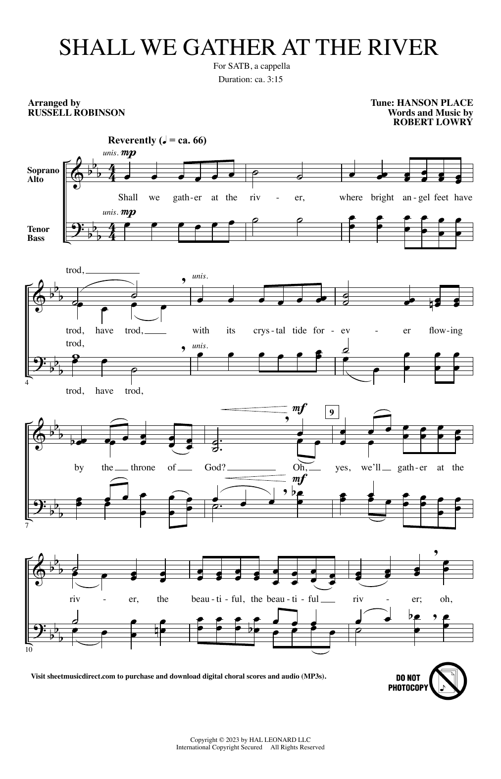 Download Robert Lowry Shall We Gather At The River (arr. Russell Robinson) Sheet Music and learn how to play SATB Choir PDF digital score in minutes