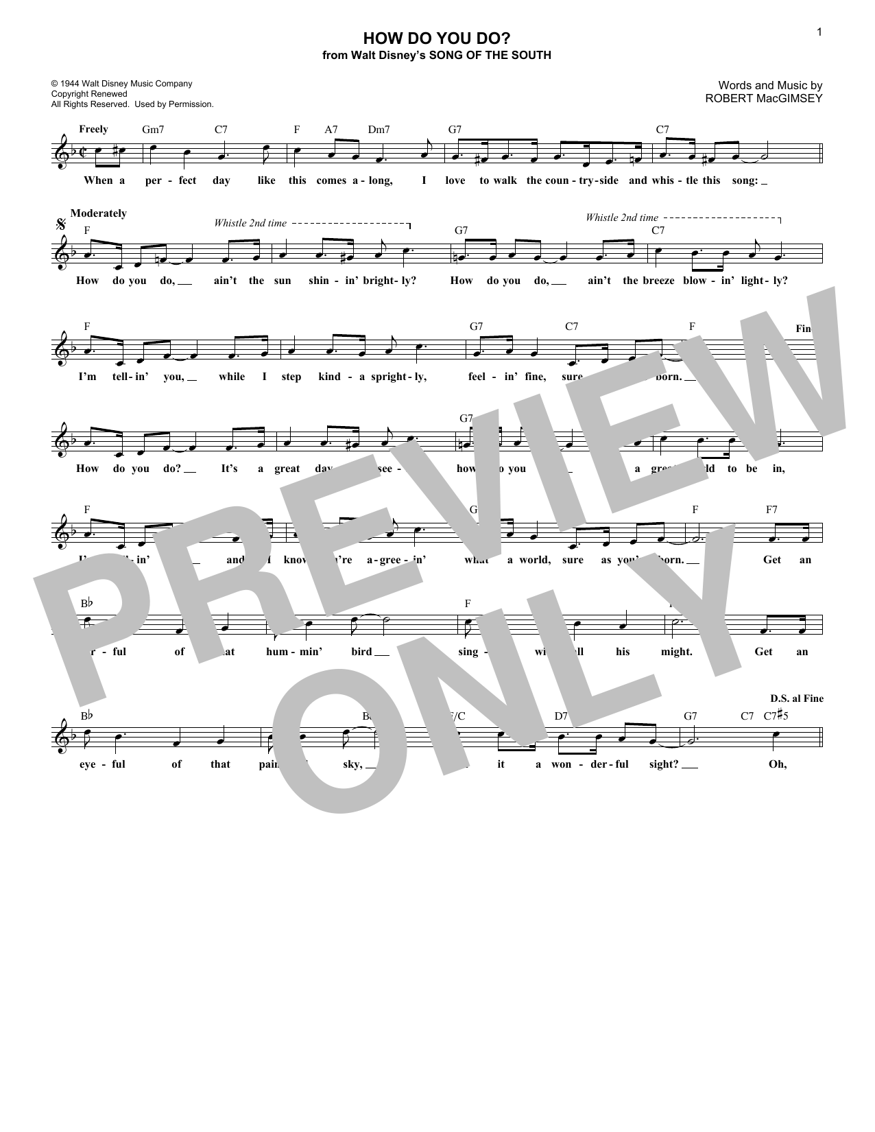 Download Robert MacGimsey How Do You Do? (from Song Of The South) Sheet Music and learn how to play Lead Sheet / Fake Book PDF digital score in minutes