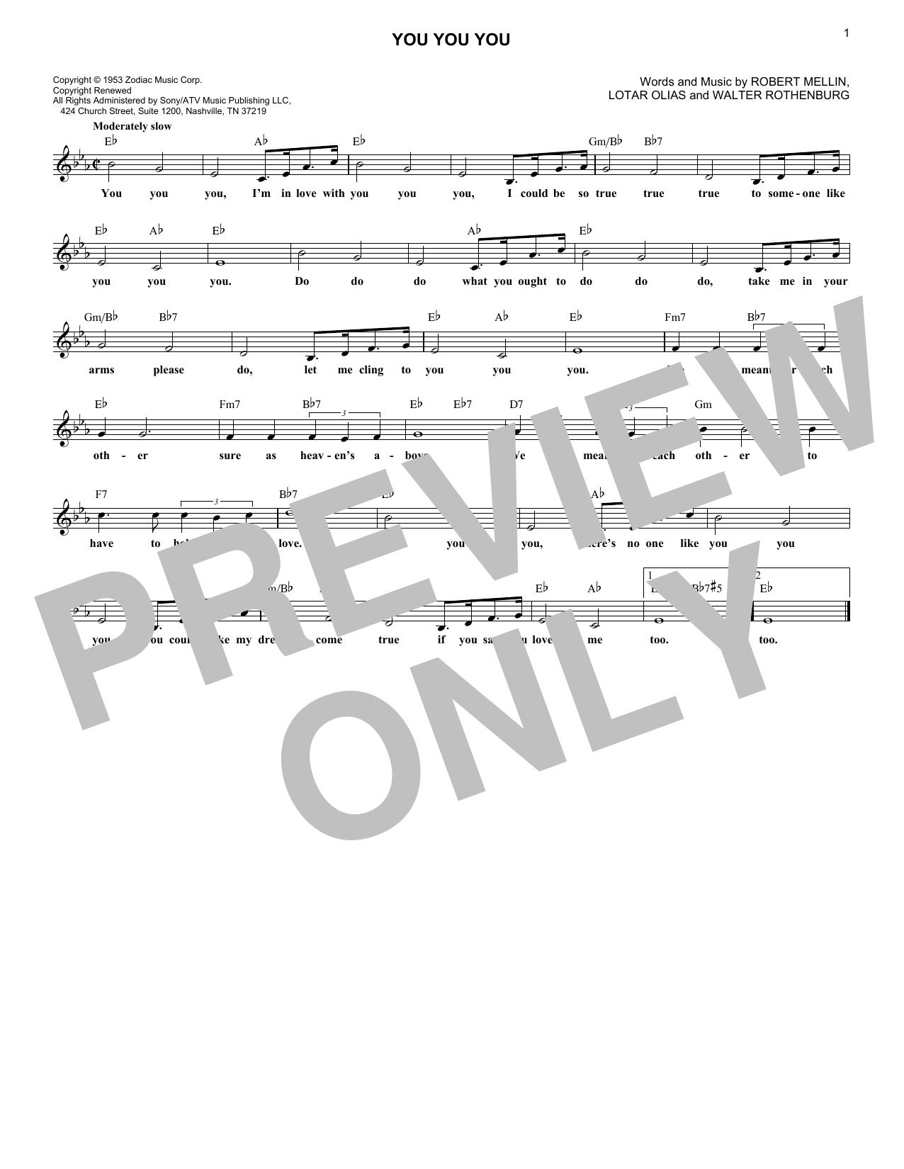 Download Robert Mellin You You You Sheet Music and learn how to play Lead Sheet / Fake Book PDF digital score in minutes