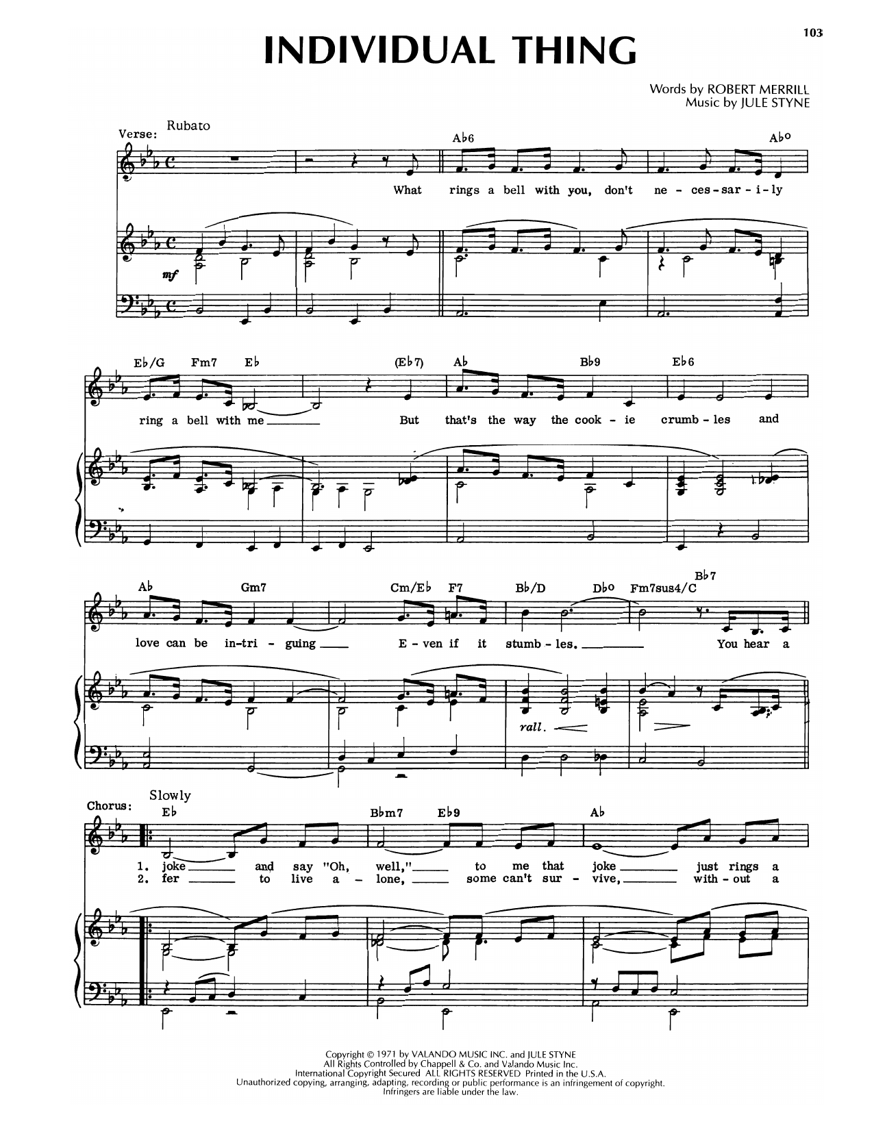 Download Robert Merrill and Jule Styne Individual Thing Sheet Music and learn how to play Piano & Vocal PDF digital score in minutes