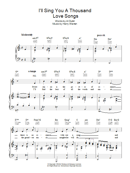 Download Robert Paige I'll Sing You A Thousand Love Songs Sheet Music and learn how to play Piano, Vocal & Guitar (Right-Hand Melody) PDF digital score in minutes