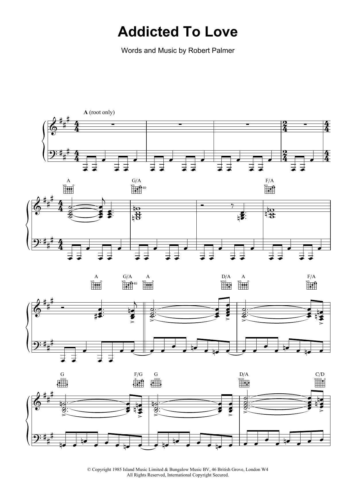 Download Robert Palmer Addicted To Love Sheet Music and learn how to play Piano, Vocal & Guitar PDF digital score in minutes