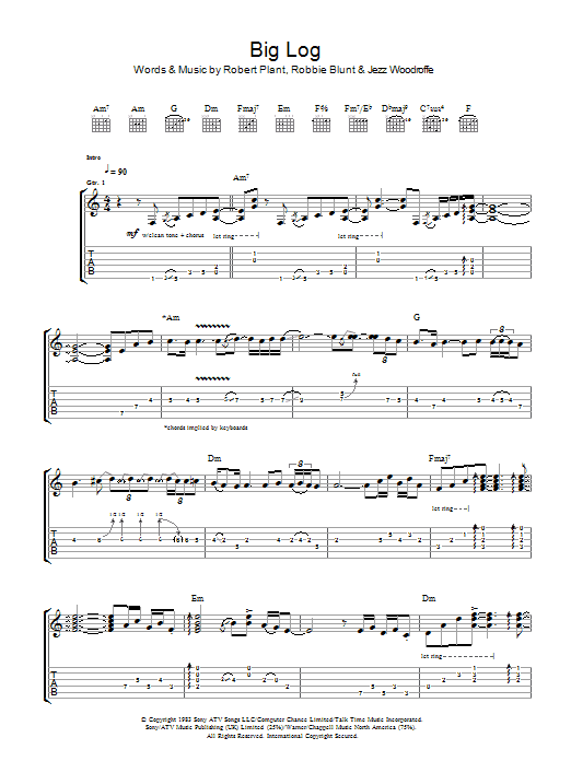 Download Robert Plant Big Log Sheet Music and learn how to play Guitar Tab PDF digital score in minutes