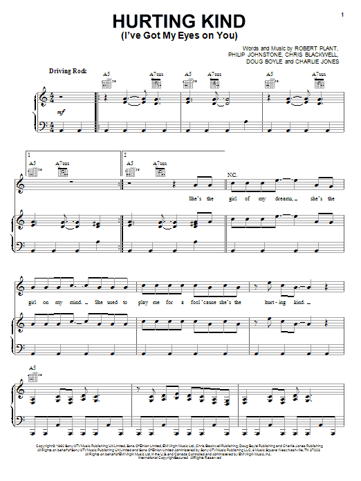Download Robert Plant Hurting Kind (I've Got My Eyes On You) Sheet Music and learn how to play Piano, Vocal & Guitar (Right-Hand Melody) PDF digital score in minutes