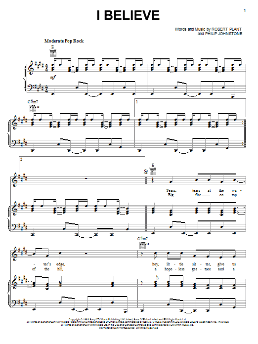 Download Robert Plant I Believe Sheet Music and learn how to play Piano, Vocal & Guitar (Right-Hand Melody) PDF digital score in minutes