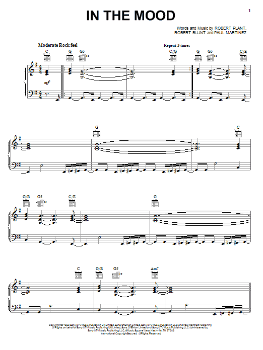 Download Robert Plant In The Mood Sheet Music and learn how to play Piano, Vocal & Guitar (Right-Hand Melody) PDF digital score in minutes