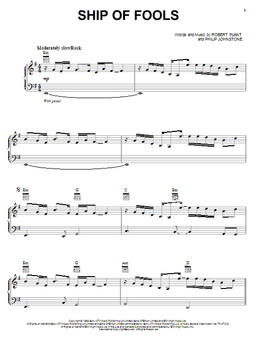 Download Robert Plant Ship Of Fools Sheet Music and learn how to play Piano, Vocal & Guitar (Right-Hand Melody) PDF digital score in minutes
