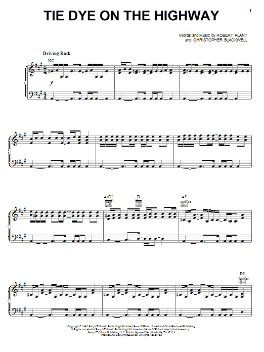 Download Robert Plant Tie Dye On The Highway Sheet Music and learn how to play Piano, Vocal & Guitar (Right-Hand Melody) PDF digital score in minutes