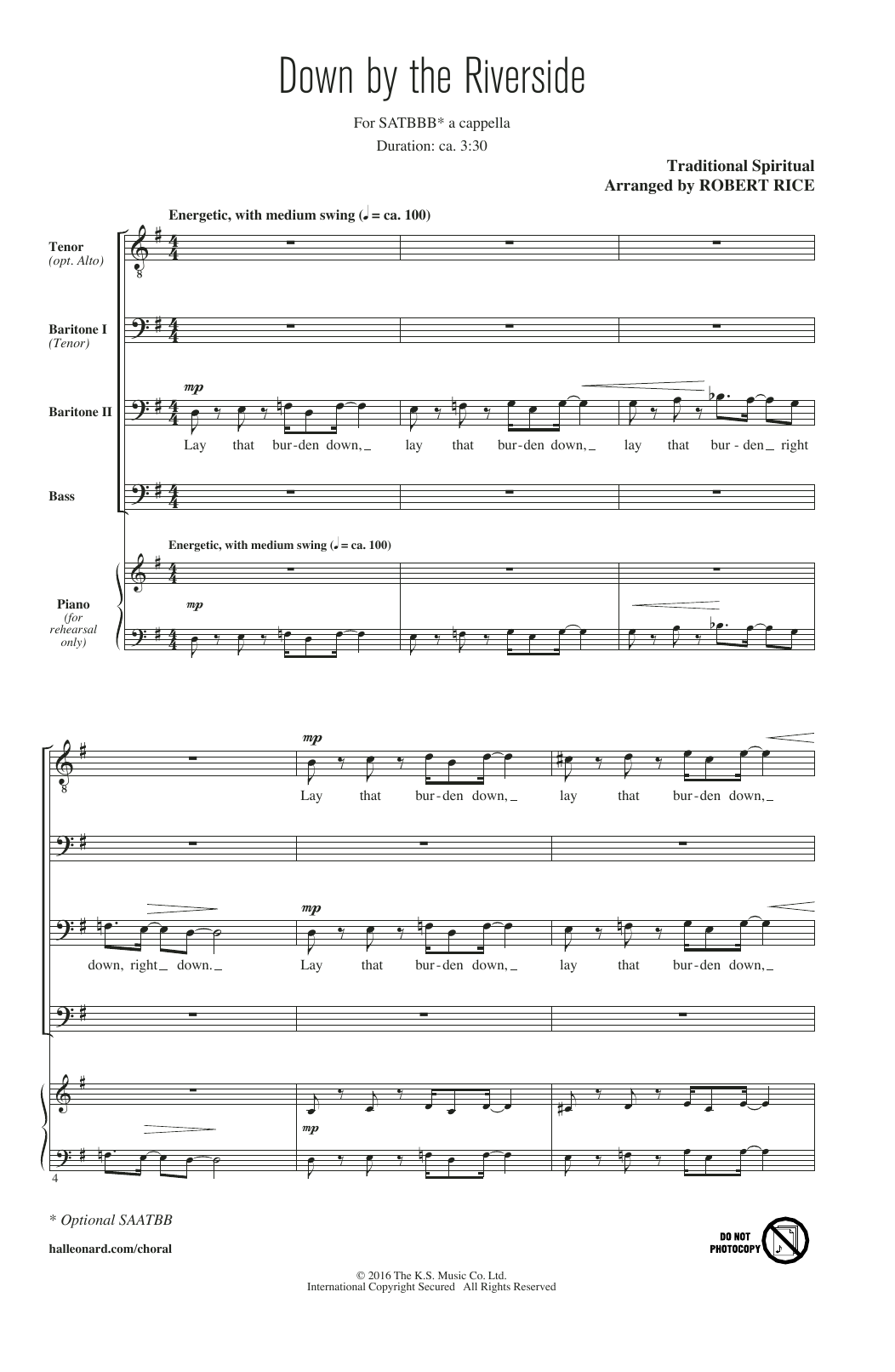 Download Traditional Spiritual Down By The Riverside (arr. Robert Rice) Sheet Music and learn how to play Choral SATBBB PDF digital score in minutes