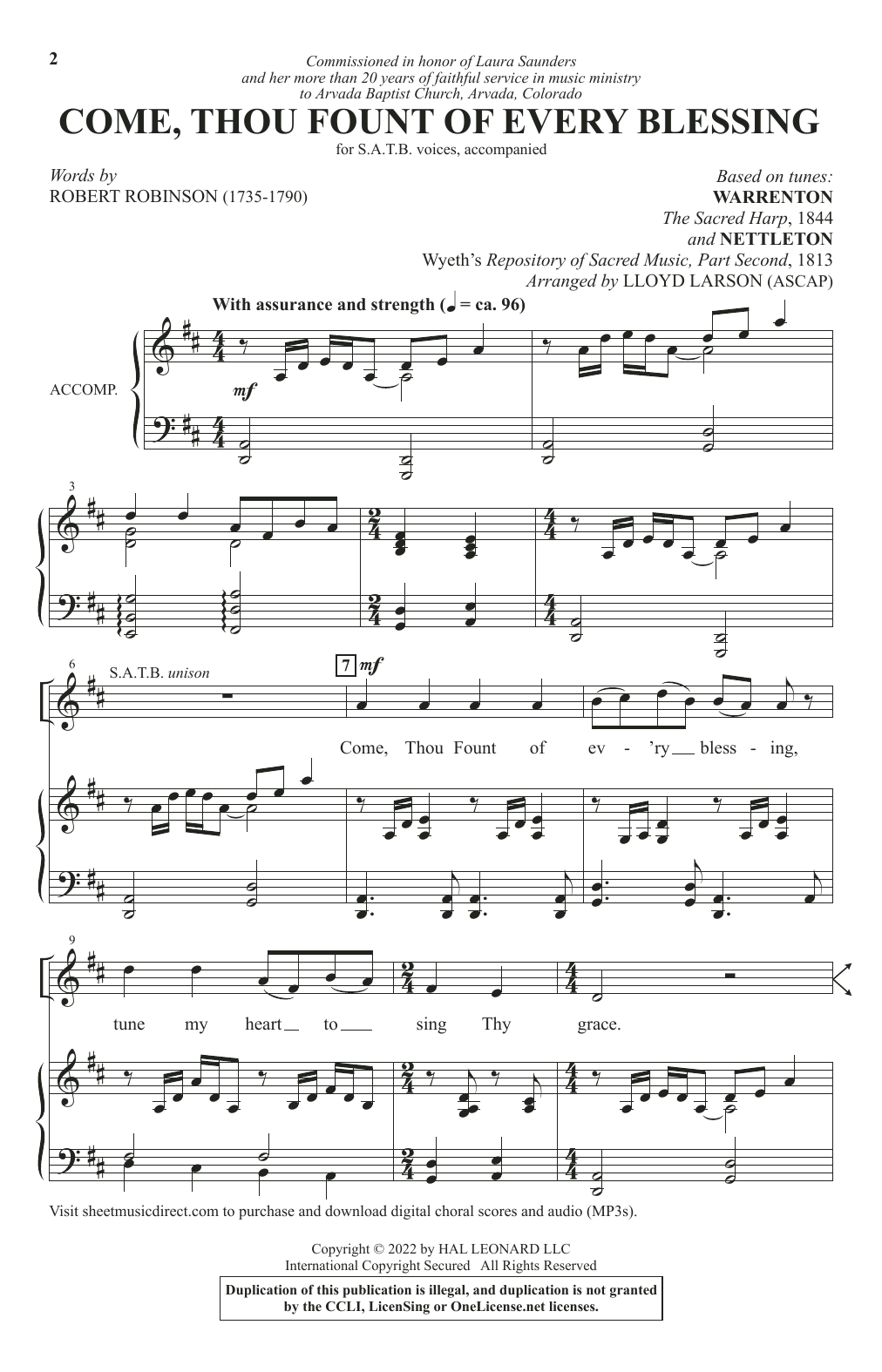 Download Robert Robinson Come, Thou Fount Of Every Blessing (arr. Lloyd Larson) Sheet Music and learn how to play SATB Choir PDF digital score in minutes