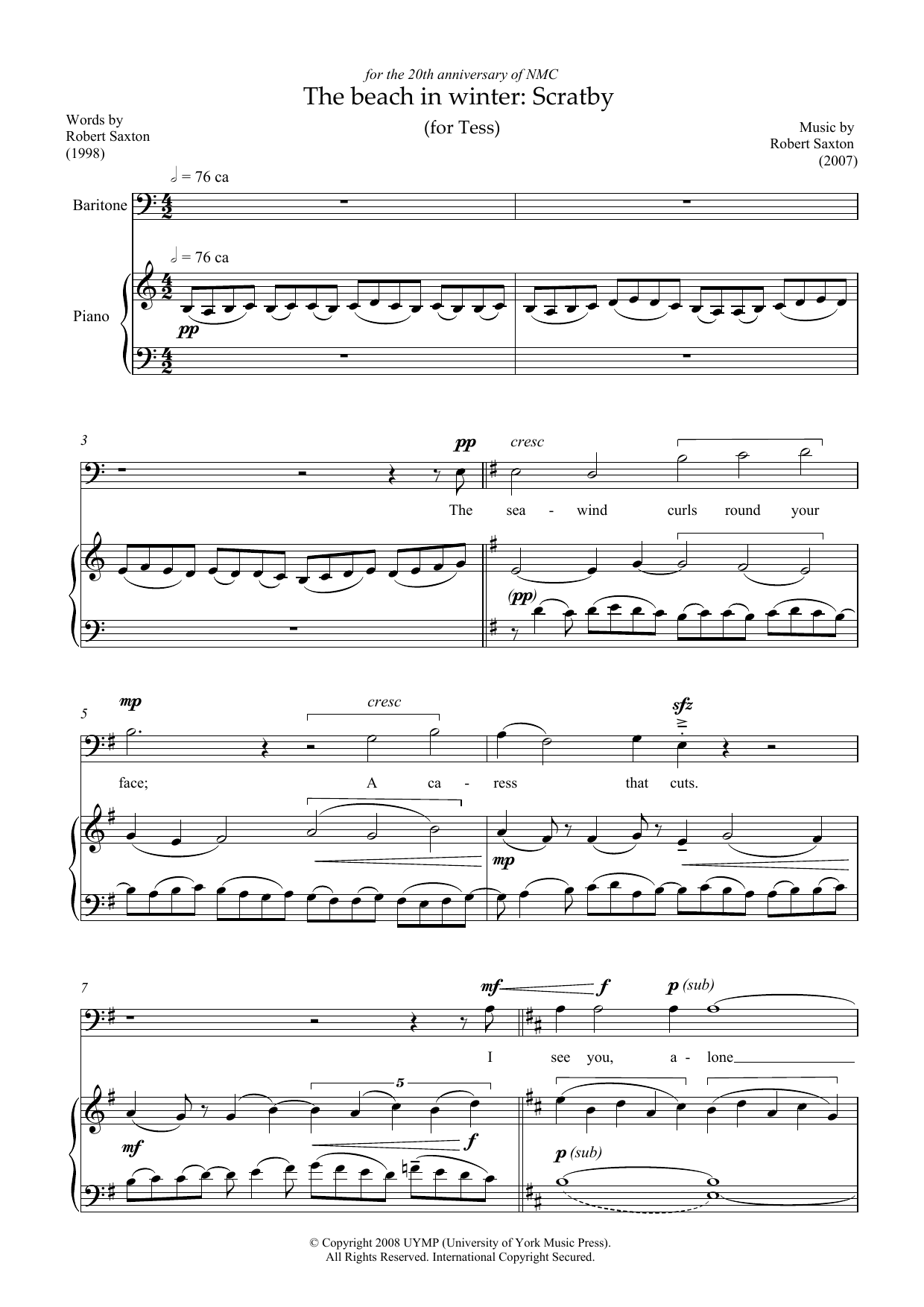 Download Robert Saxton The beach in winter: Scratby (for baritone & piano) Sheet Music and learn how to play Piano & Vocal PDF digital score in minutes