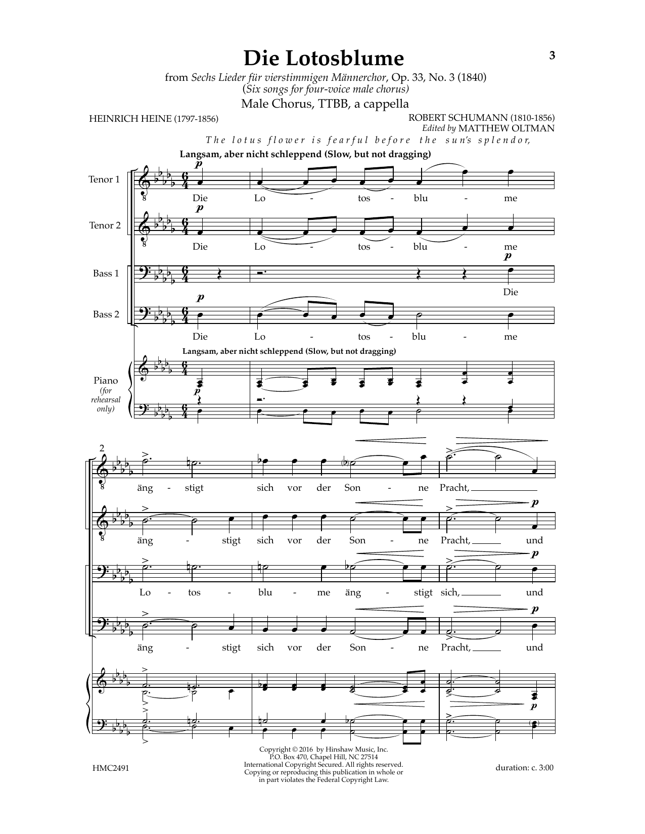 Download Robert Schumann Die Lotosblume (Ed. Matthew D. Oltman) Sheet Music and learn how to play TTBB Choir PDF digital score in minutes