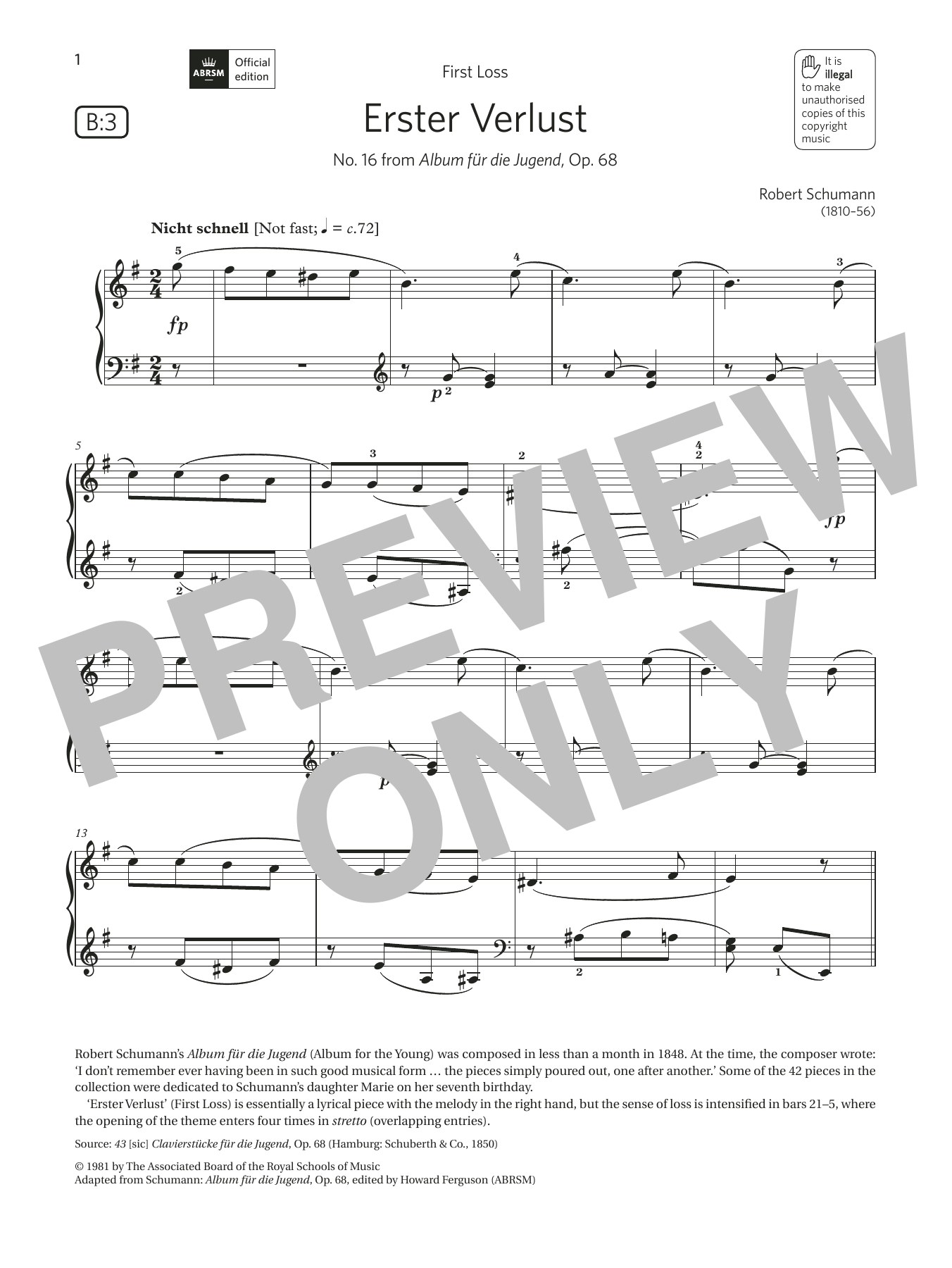 Download Robert Schumann Erster Verlust (Grade 4, list B3, from the ABRSM Piano Syllabus 2021 & 2022) Sheet Music and learn how to play Piano Solo PDF digital score in minutes