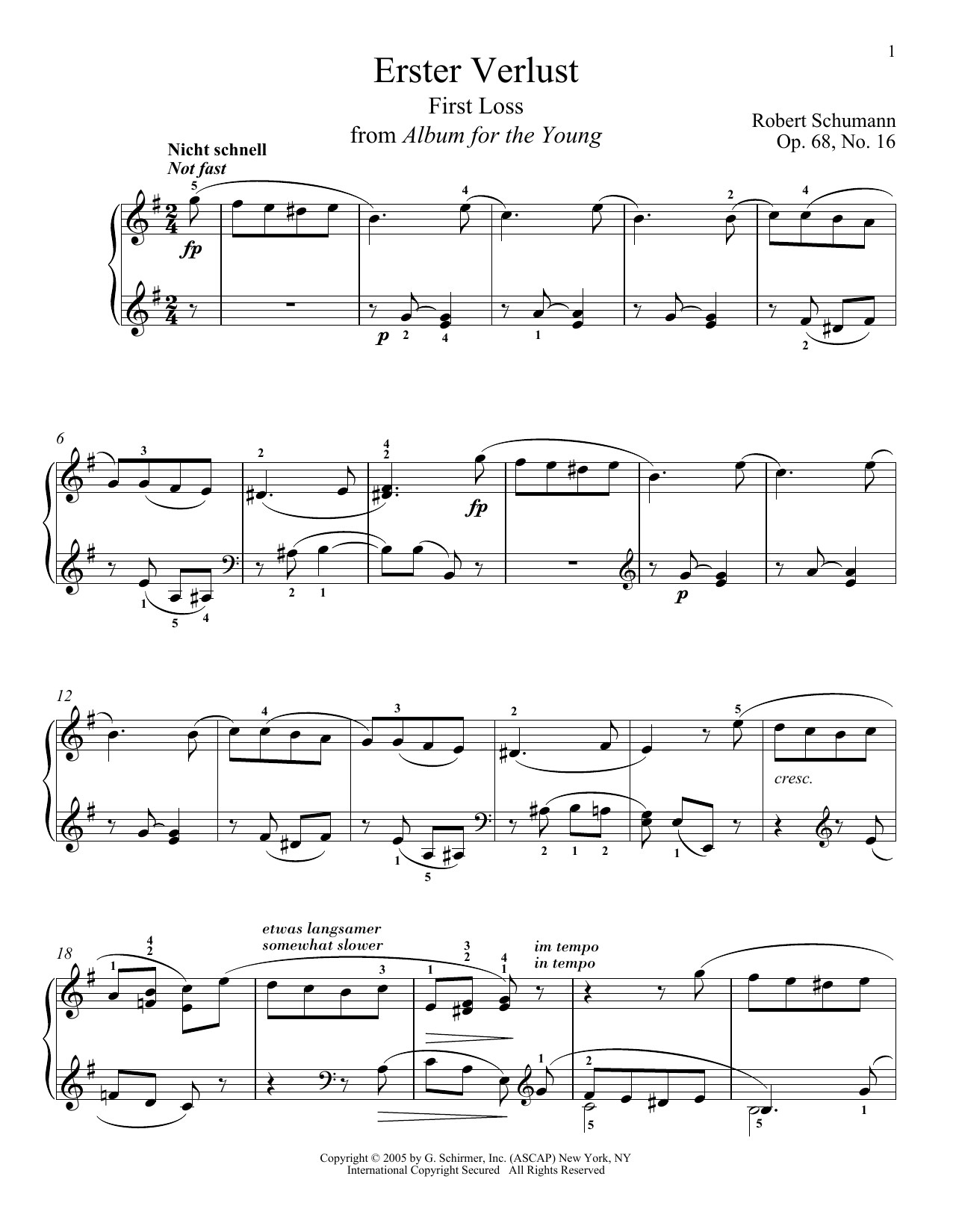 Download Robert Schumann First Loss, Op. 68, No. 16 Sheet Music and learn how to play Piano PDF digital score in minutes