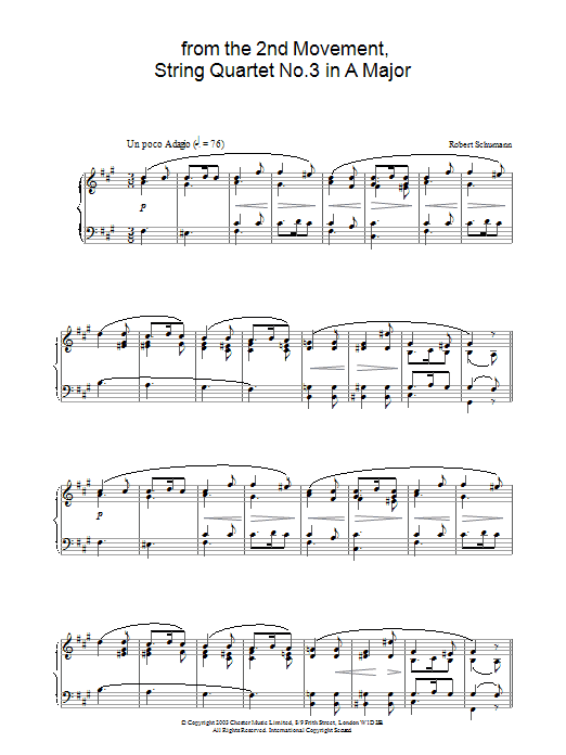 Download Robert Schumann from the 2nd Movement, String Quartet No.3 in A Major Sheet Music and learn how to play Piano PDF digital score in minutes