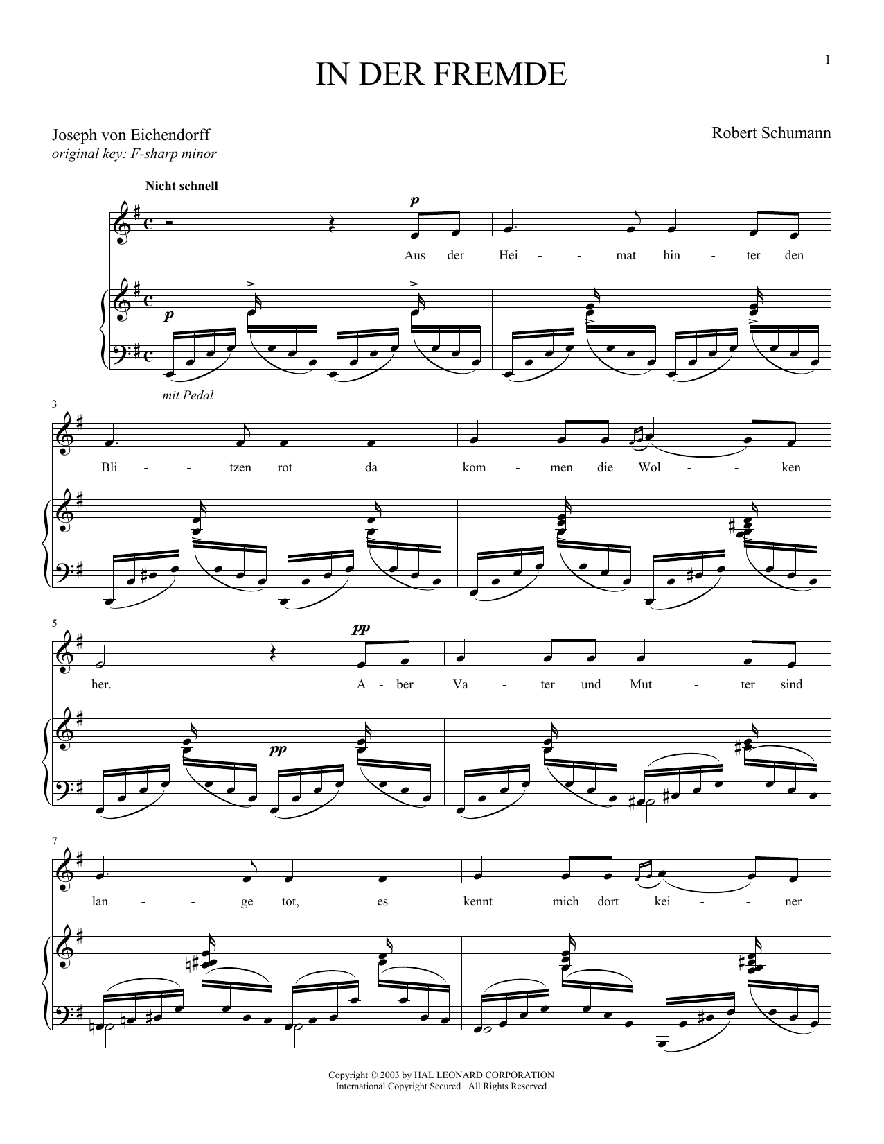 Download Robert Schumann In Der Fremde (In A Foreign Land) Sheet Music and learn how to play Piano & Vocal PDF digital score in minutes