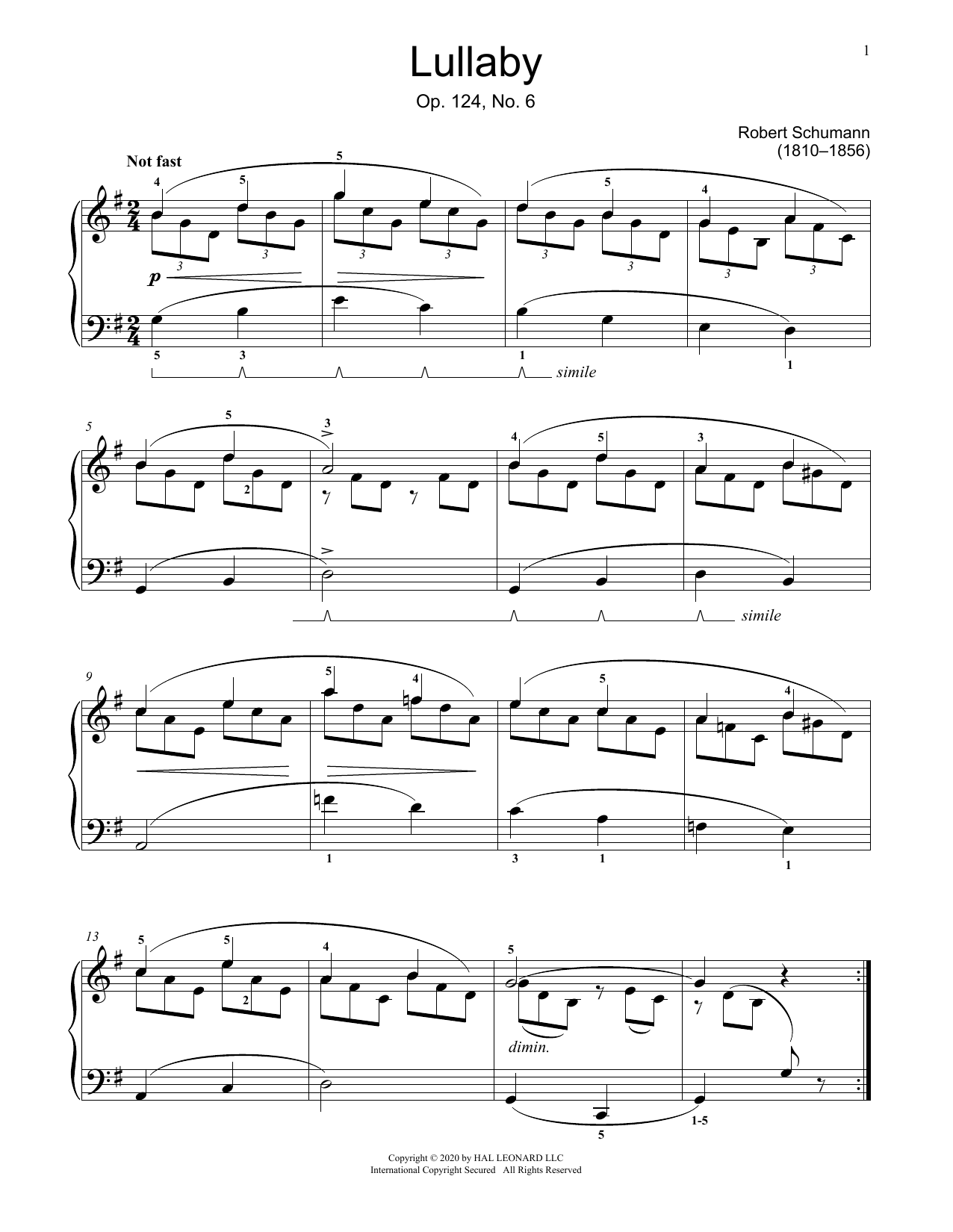 Download Robert Schumann Little Lullaby, Op. 124, No. 6 Sheet Music and learn how to play Educational Piano PDF digital score in minutes