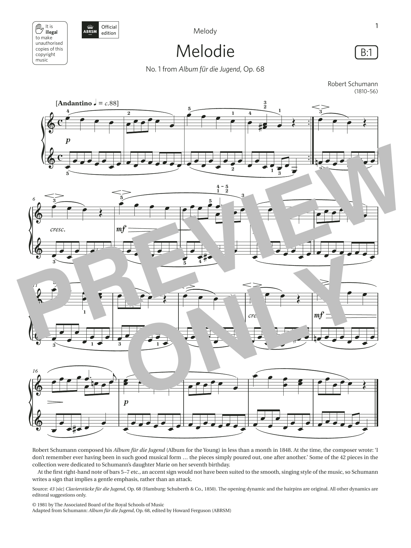 Download Robert Schumann Melodie (Grade 1, list B1, from the ABRSM Piano Syllabus 2021 & 2022) Sheet Music and learn how to play Piano Solo PDF digital score in minutes