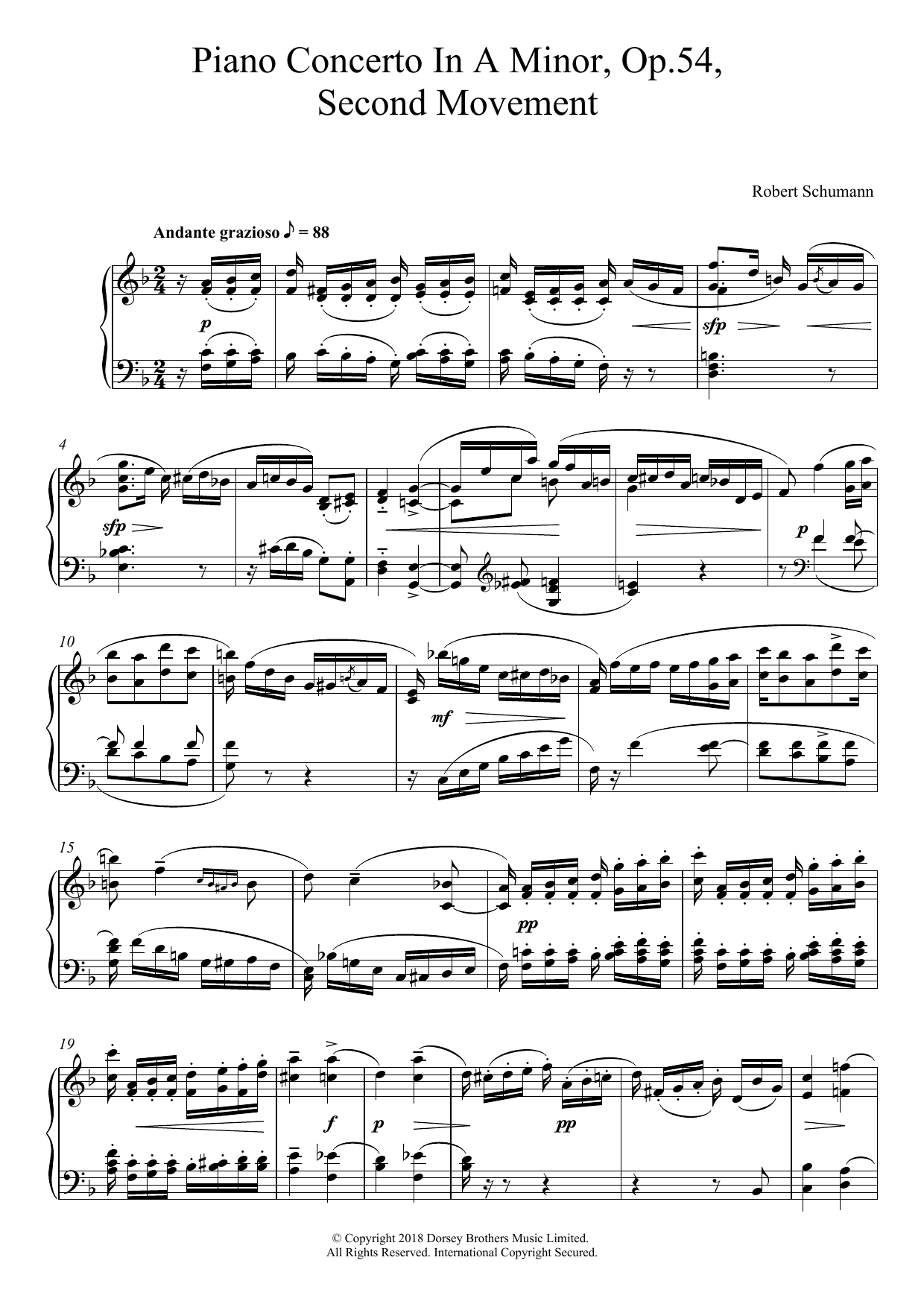 Download Robert Schumann Piano Concerto In A Minor, Op.54, Second Movement Sheet Music and learn how to play Piano PDF digital score in minutes