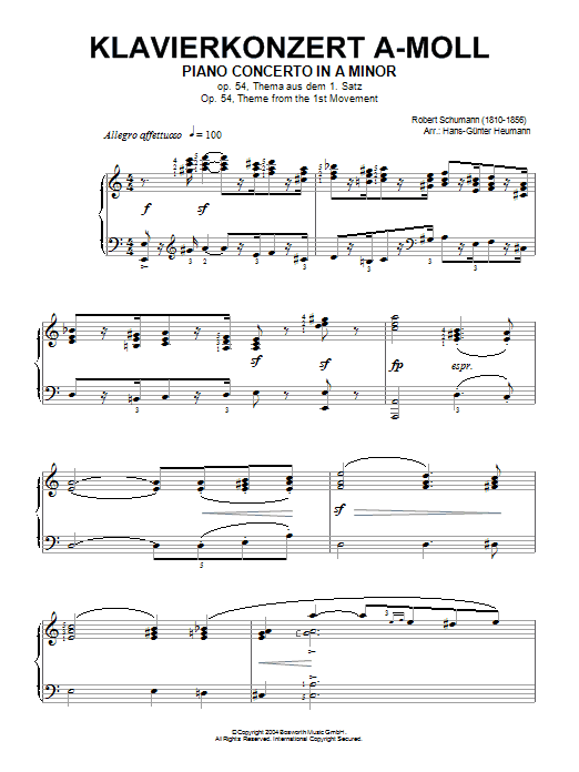 Download Robert Schumann Piano Concerto In A Minor, Op.54, theme from the 1st Movement Sheet Music and learn how to play Piano PDF digital score in minutes