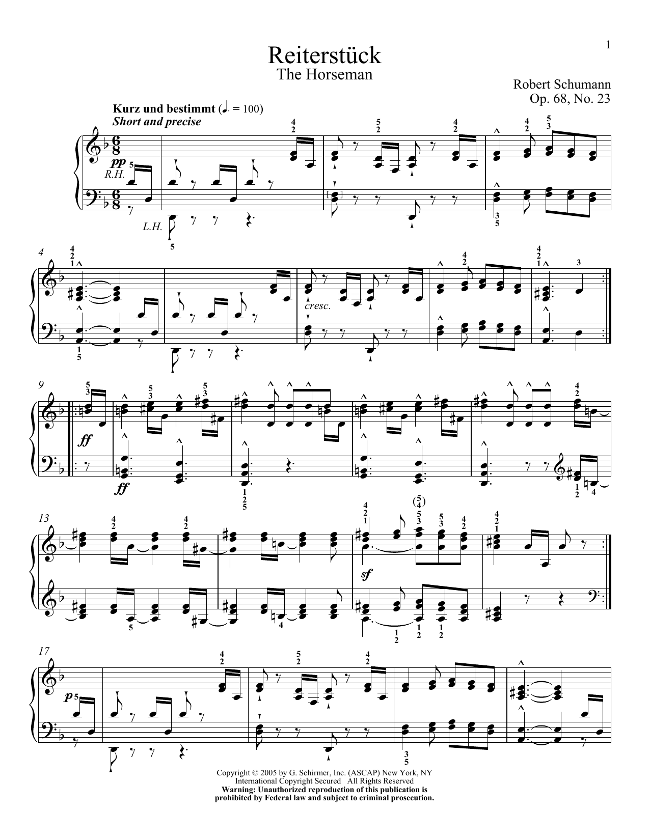 Download Robert Schumann The Horseman, Op. 68, No. 23 Sheet Music and learn how to play Educational Piano PDF digital score in minutes