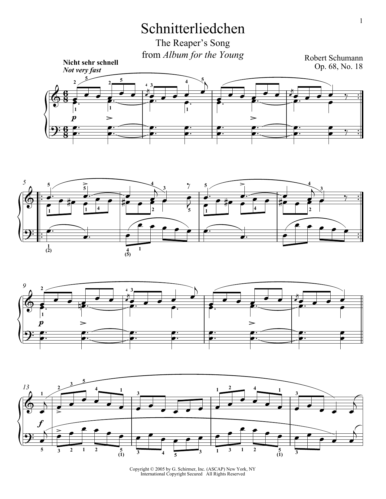 Download Robert Schumann The Reaper's Song, Op. 68, No. 18 (Schnitterliedchen) Sheet Music and learn how to play Piano PDF digital score in minutes
