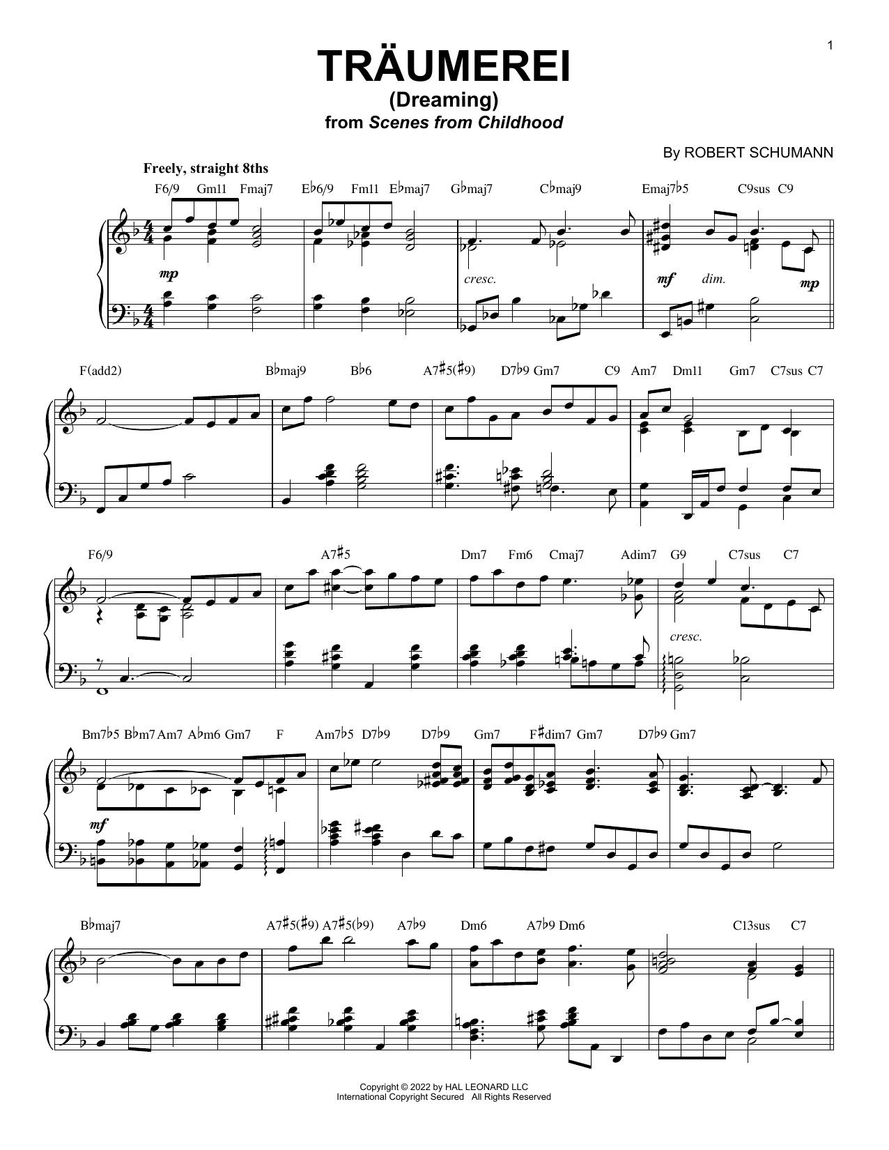 Download Robert Schumann Traumerei (Dreaming), Op. 15, No. 7 [Jazz version] (arr. Brent Edstrom) Sheet Music and learn how to play Piano Solo PDF digital score in minutes