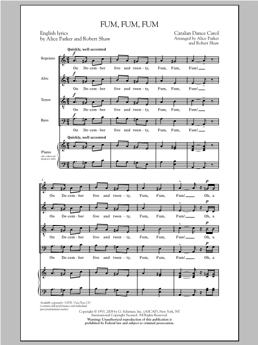 Download Robert Shaw Fum, Fum, Fum Sheet Music and learn how to play SATB PDF digital score in minutes