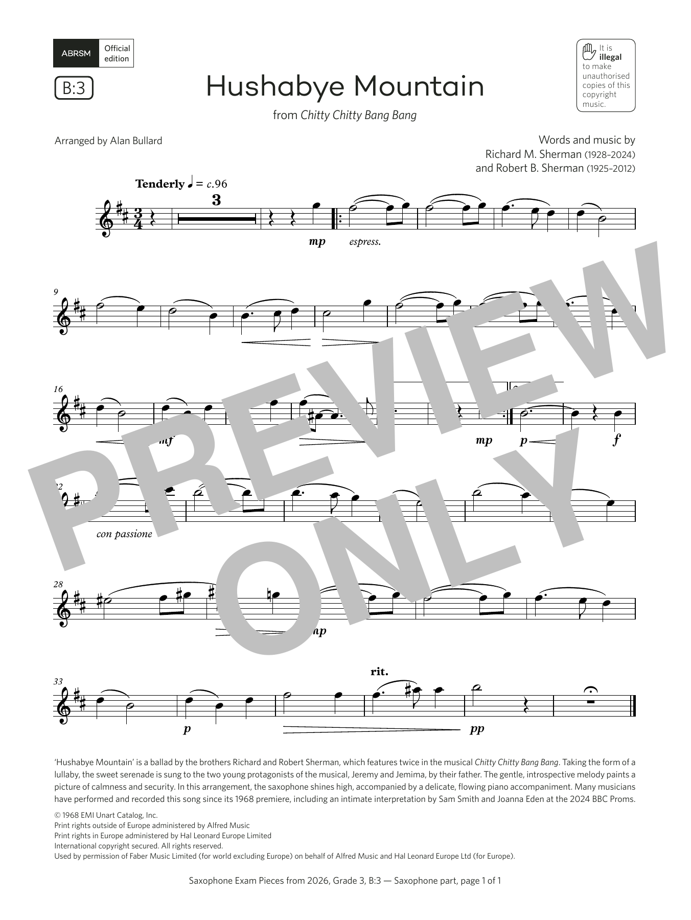 Download Robert Sherman Hushabye Mountain (Grade 3, list B3, from the ABRSM Saxophone Syllabus from 2026 Sheet Music and learn how to play Alto Sax Solo PDF digital score in minutes
