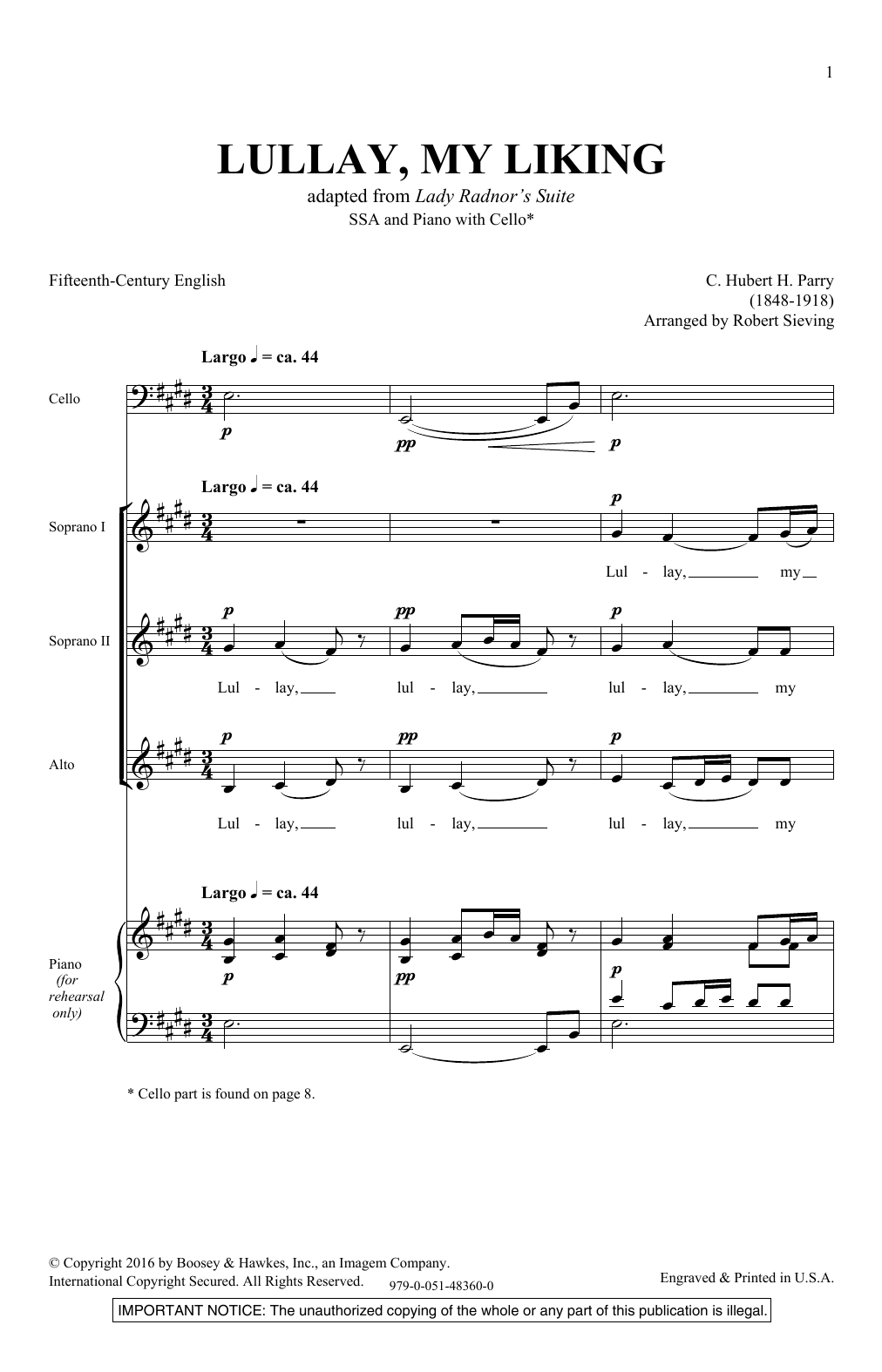 Download Robert Sieving Lullay, My Liking Sheet Music and learn how to play SSA PDF digital score in minutes