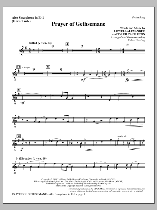 Download Robert Sterling Prayer Of Gethsemane - Alto Sax 1 (sub. Horn 1) Sheet Music and learn how to play Choir Instrumental Pak PDF digital score in minutes