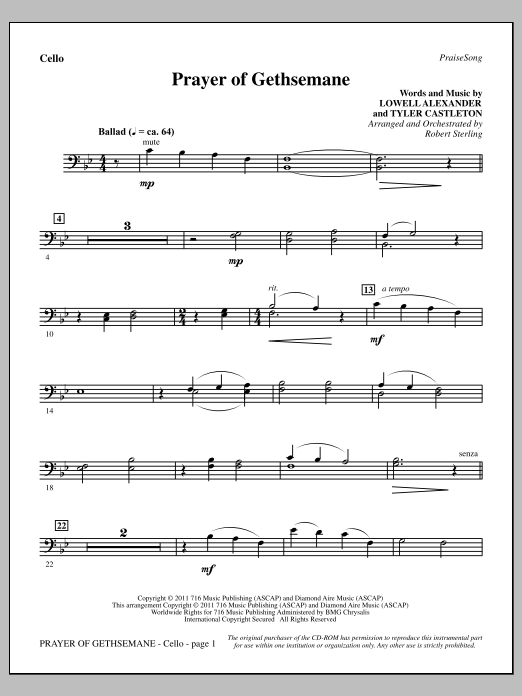 Download Robert Sterling Prayer Of Gethsemane - Cello Sheet Music and learn how to play Choir Instrumental Pak PDF digital score in minutes