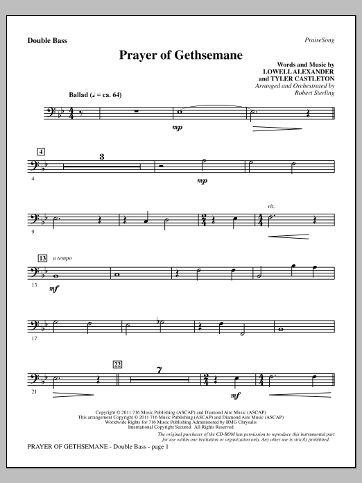 Download Robert Sterling Prayer Of Gethsemane - Double Bass Sheet Music and learn how to play Choir Instrumental Pak PDF digital score in minutes