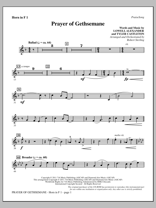 Download Robert Sterling Prayer Of Gethsemane - F Horn 1 Sheet Music and learn how to play Choir Instrumental Pak PDF digital score in minutes