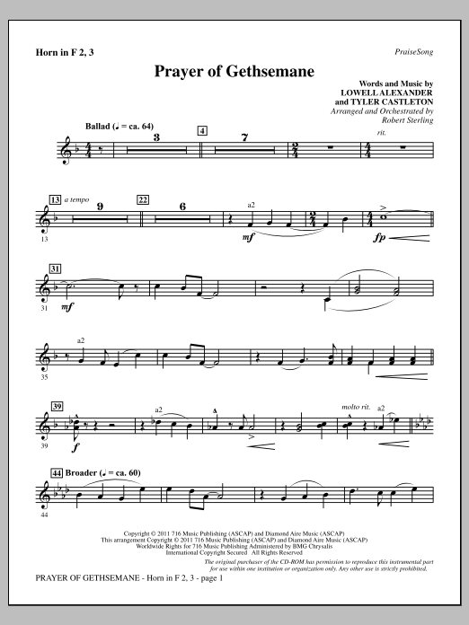 Download Robert Sterling Prayer Of Gethsemane - F Horn 2,3 Sheet Music and learn how to play Choir Instrumental Pak PDF digital score in minutes