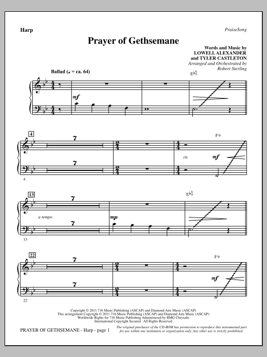 Download Robert Sterling Prayer Of Gethsemane - Harp Sheet Music and learn how to play Choir Instrumental Pak PDF digital score in minutes