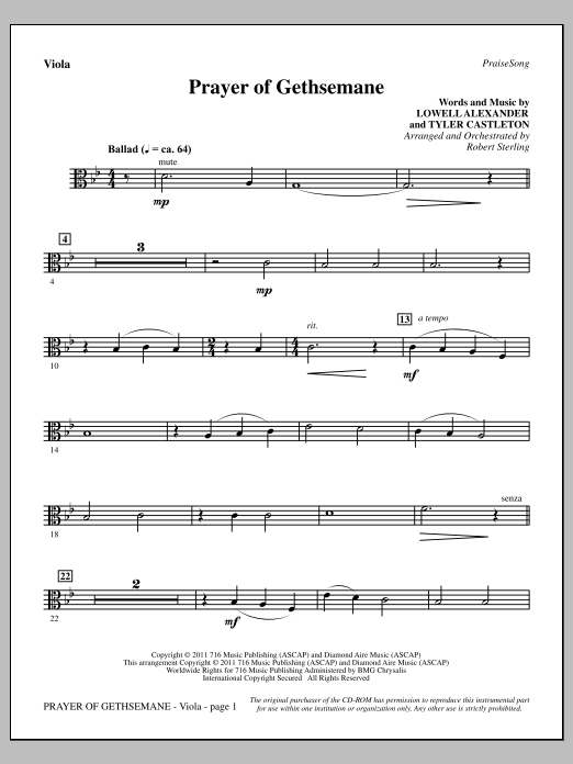 Download Robert Sterling Prayer Of Gethsemane - Viola Sheet Music and learn how to play Choir Instrumental Pak PDF digital score in minutes