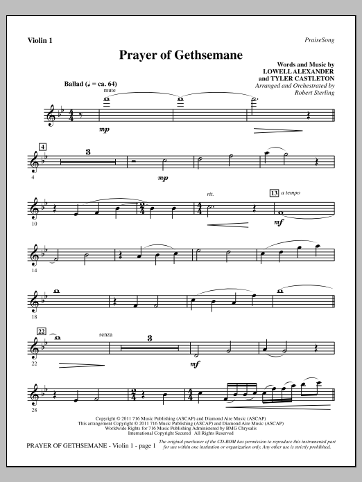 Download Robert Sterling Prayer Of Gethsemane - Violin 1 Sheet Music and learn how to play Choir Instrumental Pak PDF digital score in minutes