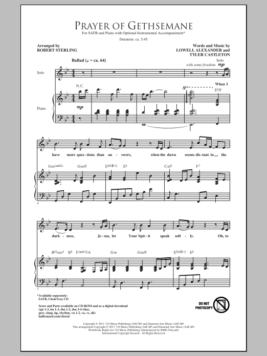 Download Lowell Alexander Prayer Of Gethsemane (arr. Robert Sterling) Sheet Music and learn how to play SATB PDF digital score in minutes