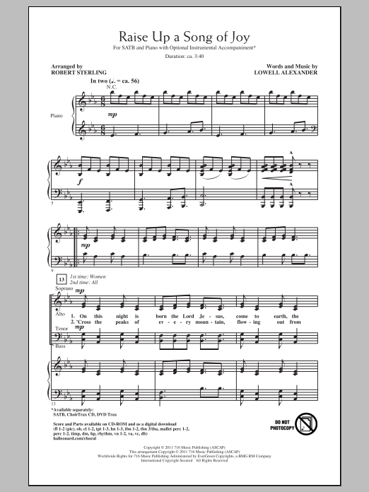 Download Lowell Alexander Raise Up A Song Of Joy (arr. Robert Sterling) Sheet Music and learn how to play SATB PDF digital score in minutes