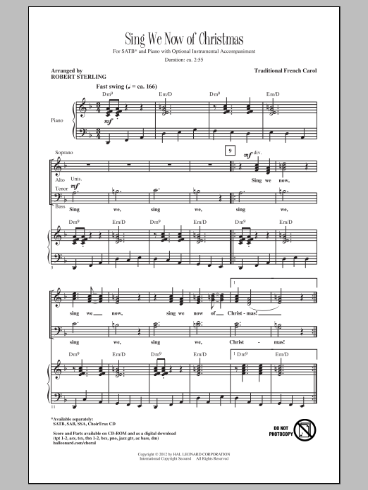 Download Traditional Carol Sing We Now Of Christmas (arr. Robert Sterling) Sheet Music and learn how to play SSA PDF digital score in minutes