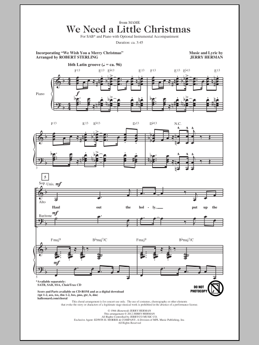 Download Jerry Herman We Need A Little Christmas Sheet Music and learn how to play SATB PDF digital score in minutes