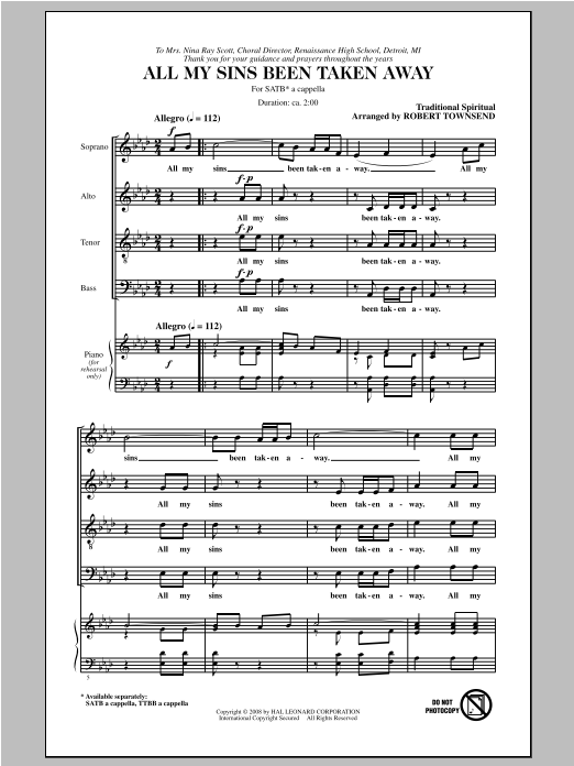 Download Traditional Spiritual All My Sins Been Taken Away (arr. Robert T. Townsend) Sheet Music and learn how to play TTBB PDF digital score in minutes
